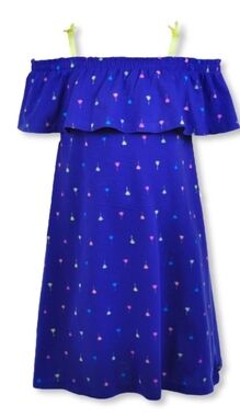 Nautica Girls' Blue Ruffle Top Neon Palm Tree Print Cold Shoulder Dress Size 5